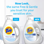 Comparison graphic showing old and new Tide Free & Gentle bottle designs with text about a new look