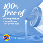 Blue infographic showing detergent pouring into water with text '100% free of irritating residues' and Tide free & gentle logo.