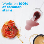 Close-up stain examples including tomato, wine and coffee with text claiming it works on common stains