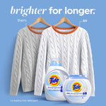 Comparison-style image showing two sweaters on hangers with Tide Free & Gentle liquid and pods in foreground and 'brighter for longer' text.