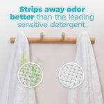 Two white towels on wooden hooks with circular fabric close-ups and text claiming better odor stripping