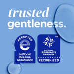 Blue graphic reading 'trusted gentleness' with National Eczema Association and National Psoriasis Foundation acceptance badges.