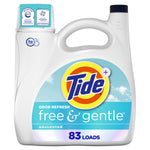 White jug of Tide Free & Gentle unscented laundry detergent with blue label and 83 loads text