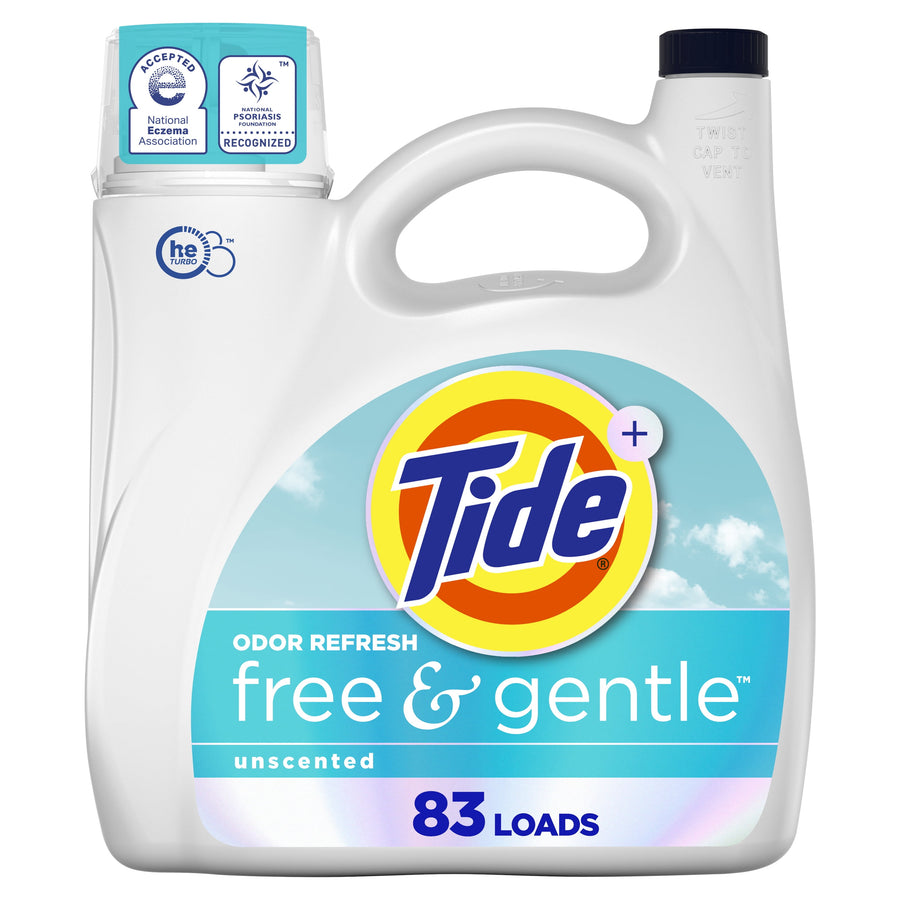 White jug of Tide Free & Gentle unscented laundry detergent with blue label and 83 loads text