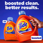 Hand holding a large orange Tide Original bottle with an older bottle in background and “boosted” headline