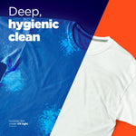 Promotional split-image showing a blue shirt under UV light versus a clean white shirt with text 'Deep, hygienic clean'.