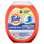 Front-facing Tide Power PODS Hygienic Clean plastic tub with logo and pod graphic on white background.