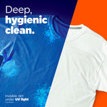 Split-image of a stained blue shirt and a clean white shirt illustrating deep hygienic clean