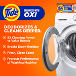 Orange infographic showing Tide branding, open front-load washer door and product benefit bullet points