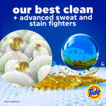 Close-up infographic showing detergent pod action on fabric with text about advanced sweat and stain fighters and a small Tide logo