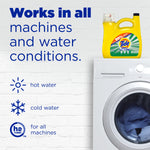 Tide Simply All In One jug displayed on a washing machine with text stating it works in all machines and water conditions