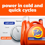 Partial view of an orange Tide detergent jug in front of a washing machine cycle dial with headline 'power in cold and quick cycles'