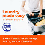 Hands packing folded clothes into an open suitcase with copy 'Laundry made easy' and a TSA approved icon.