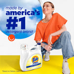 Lifestyle ad showing a smiling woman crouched beside a Tide Simply detergent jug and brand claim graphic