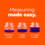 Three clear measuring caps filled to different levels labeled 'Medium Loads', 'Large Loads', and 'X‑Large Loads' on an orange background.