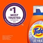 Partial Tide Ultra bottle beside a round badge that reads '#1 Most Trusted' on an orange background with small explanatory text.