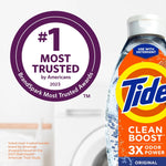 Partial product shot of a Tide Clean Boost bottle beside a purple circular badge reading ‘#1 Most Trusted by Americans 2023.’