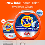 Promotional image showing new-look Tide Hygienic Clean container with old packaging behind