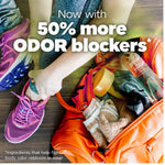 Athletic shoes and gym bag with overlay text promoting 50% more odor blockers for Tide Ultra Odor+Oxi
