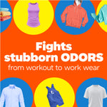 Bright graphic with clothing icons and text stating the product fights stubborn odors from workout to work wear.