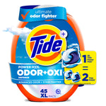 Tide Power PODS Odor+Oxi orange plastic tub with prominent Tide logo and a blue-white detergent pod image on the front