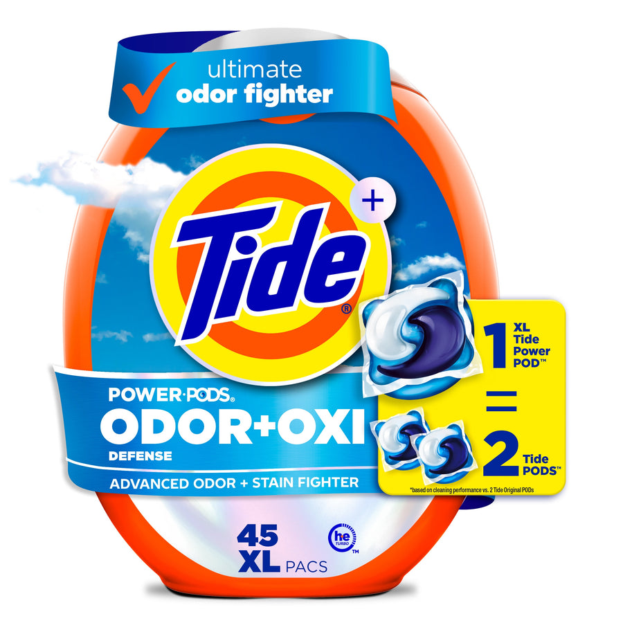 Tide Power PODS Odor+Oxi orange plastic tub with prominent Tide logo and a blue-white detergent pod image on the front
