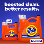 Two orange Tide detergent jugs, one labeled 'old', on a blue background with headline 'boosted clean. better results.'