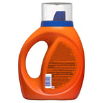 Rear view of an orange detergent bottle showing handle, back label text and barcode on white background