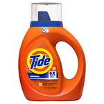 Isolated front view of an orange Tide Original liquid detergent bottle showing label, handle and clear measuring cap