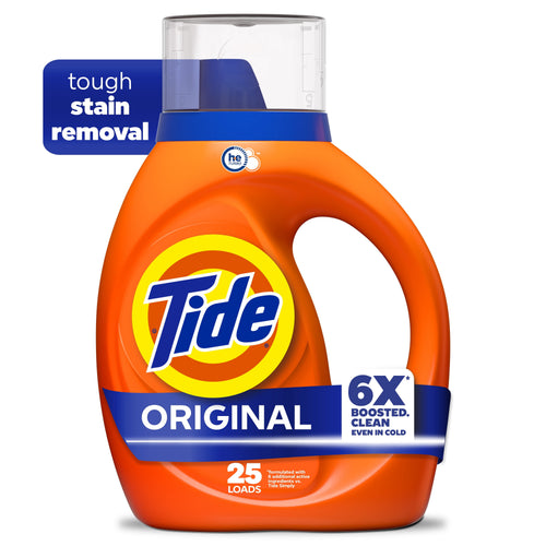 Front view of an orange Tide Original liquid detergent bottle with label and measuring cap on white background