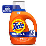 Orange Tide Original liquid detergent bottle with handle, 64 loads label and 6X boosted clean badge on a white background