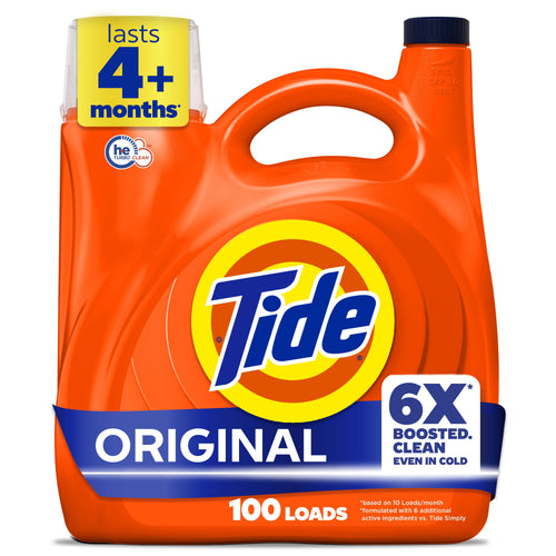 Orange Tide liquid detergent jug with large Tide logo, 6X badge and 'Original' label on white background