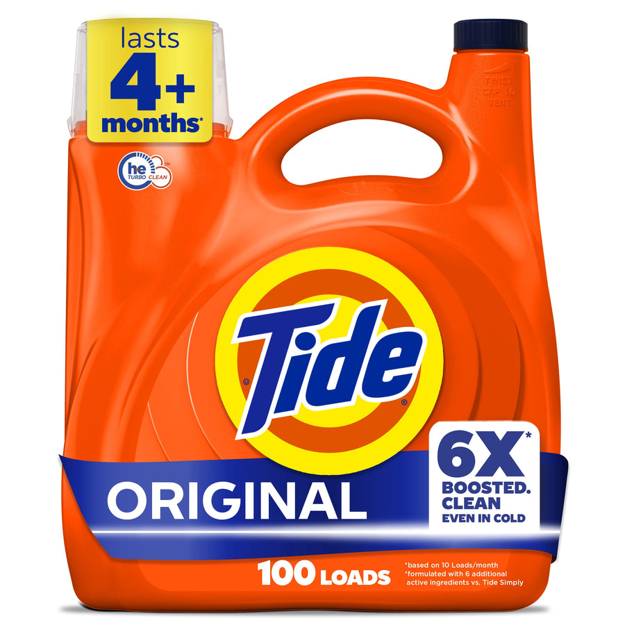Orange Tide liquid detergent jug with large Tide logo, 6X badge and 'Original' label on white background
