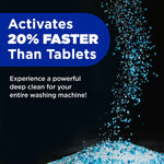 Close-up graphic of blue powder granules with text 'Activates 20% faster than tablets' on a dark background