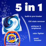 Graphic showing a Tide pod and an OXI BOOST container with large text reading "5 in 1" and listed cleaning benefits