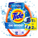 Close-up of a Tide Oxi Boost power-pods orange container with Tide logo and blue water-bubble graphics