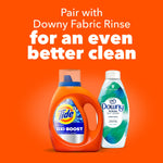 Tide Ultra Oxi Boost bottle paired with a Downy Fabric Rinse bottle against an orange background with pairing message
