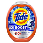 Front-facing orange Tide Power-Pods Oxi Boost plastic tub with large Tide logo and product branding on the label.