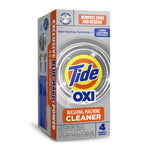 Angled product box of Tide Oxi washing machine cleaner showing side panel and front branding with '4 month supply' callout
