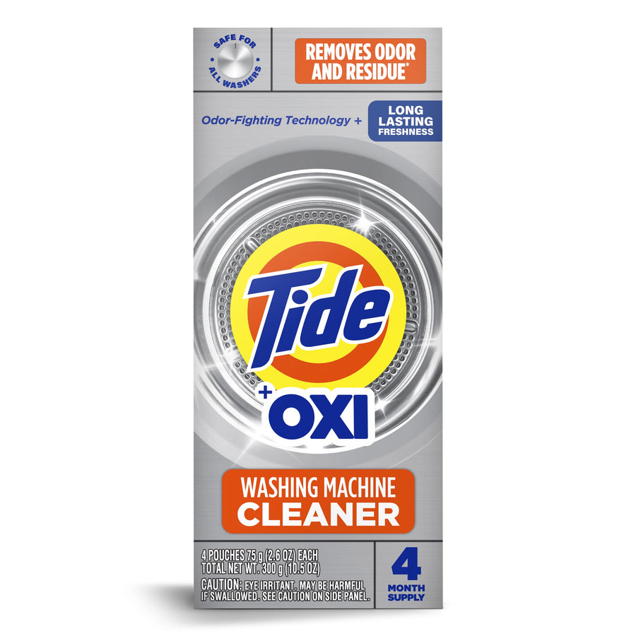 Front-facing product box image of Tide Oxi washing machine cleaner showing Tide logo and 'Washing Machine Cleaner' label