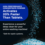 Dark background image with blue powder granules and text about high performance powder activating faster than tablets