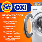 Orange infographic panel with Tide + Oxi branding and washing machine door highlighting odor and residue removal benefits