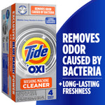 Boxed Tide Oxi washing machine cleaner packaging showing Tide logo and 'Removes odor caused by bacteria' claim