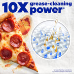 Graphic showing pizza slice stain and magnified fabric with cleaning action and “10X grease-cleaning power” text