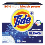 Front-facing box of Tide Plus Bleach powder showing Tide logo, blue water graphic and '89 loads' badge.