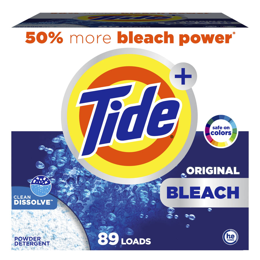 Front-facing box of Tide Plus Bleach powder showing Tide logo, blue water graphic and '89 loads' badge.