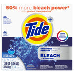 Top-view product box of Tide Plus Bleach powder with large Tide logo, 'bleach' label and weight information.