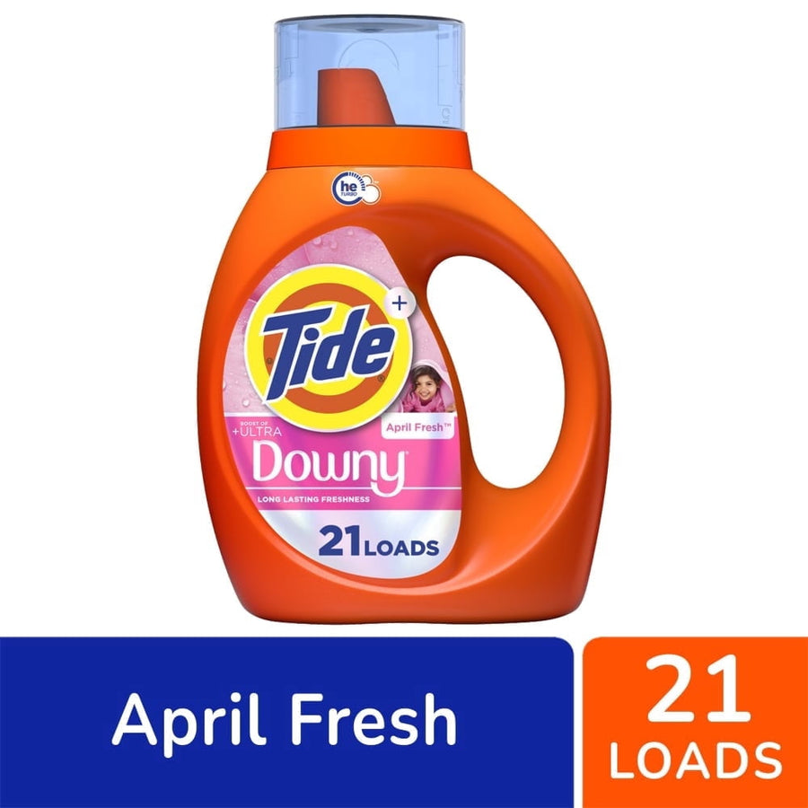 Orange Tide + Downy liquid detergent bottle with pink label and 21 loads badge on a white background