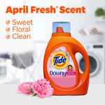 Tide Plus Downy April Fresh bottle with floral peony imagery and text describing April Fresh scent attributes