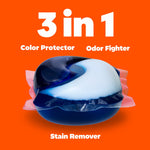 Close-up studio shot of a blue and white Tide POD on an orange background with text highlighting 3-in-1 features